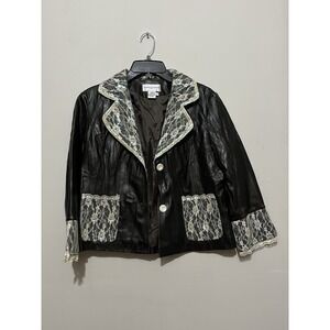 Vintage Newport News Black Faux Leather PVC Jacket Lace Trim Sequin Size 14
